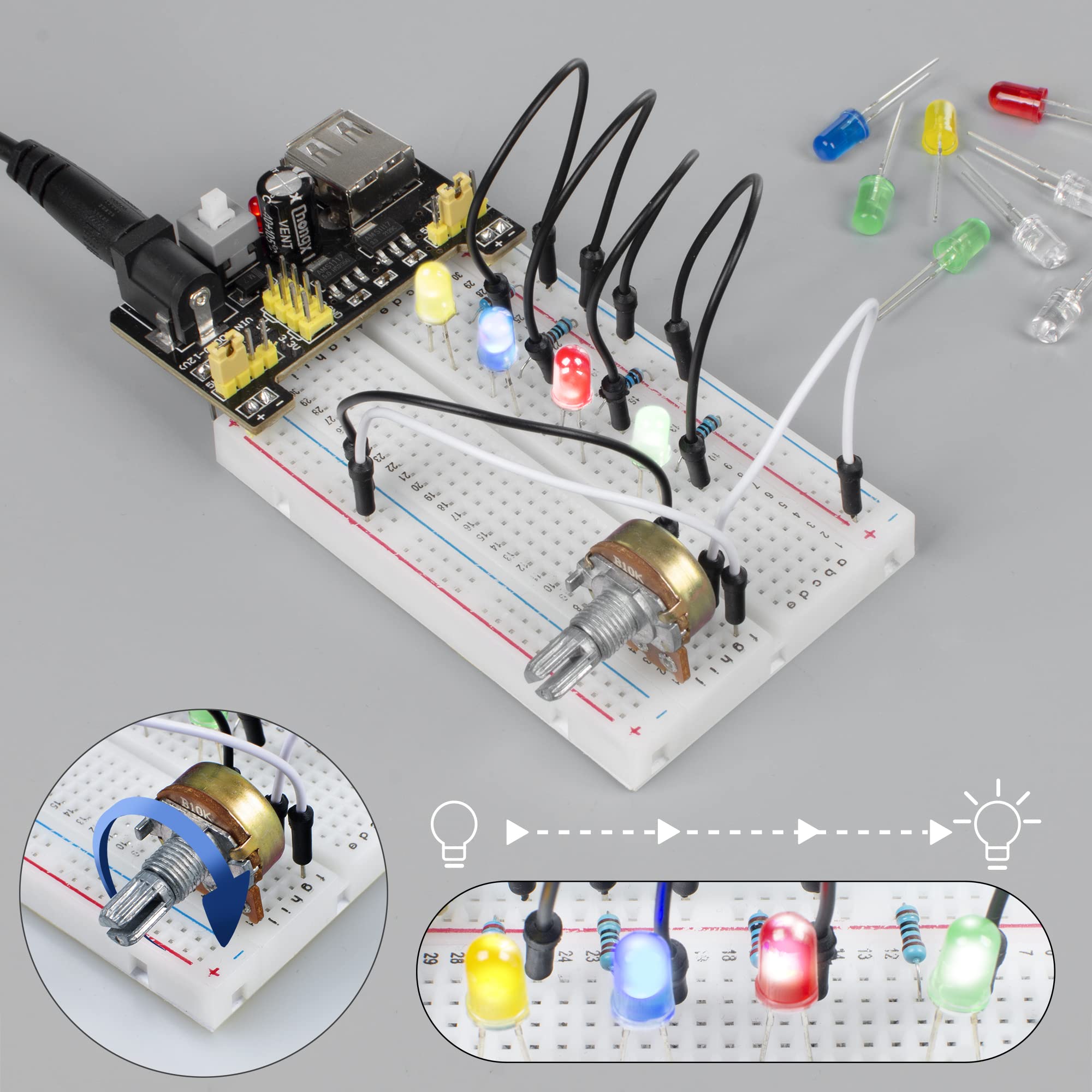 An Arduino board with LEDs, resistors, jumper wires, and a breadboard